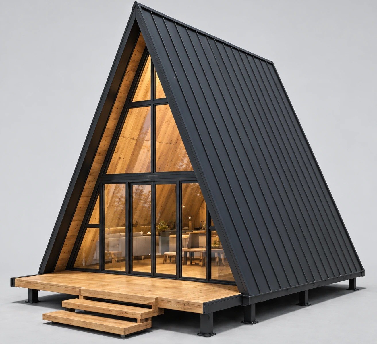 Architectural rendering of a black A-frame cabin on a timber deck