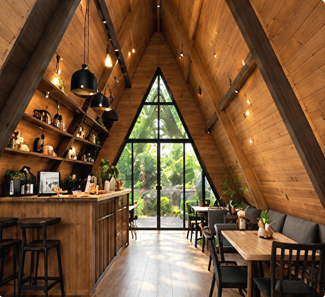 Finished A-frame café interior in warm timber with a triangular glass wall