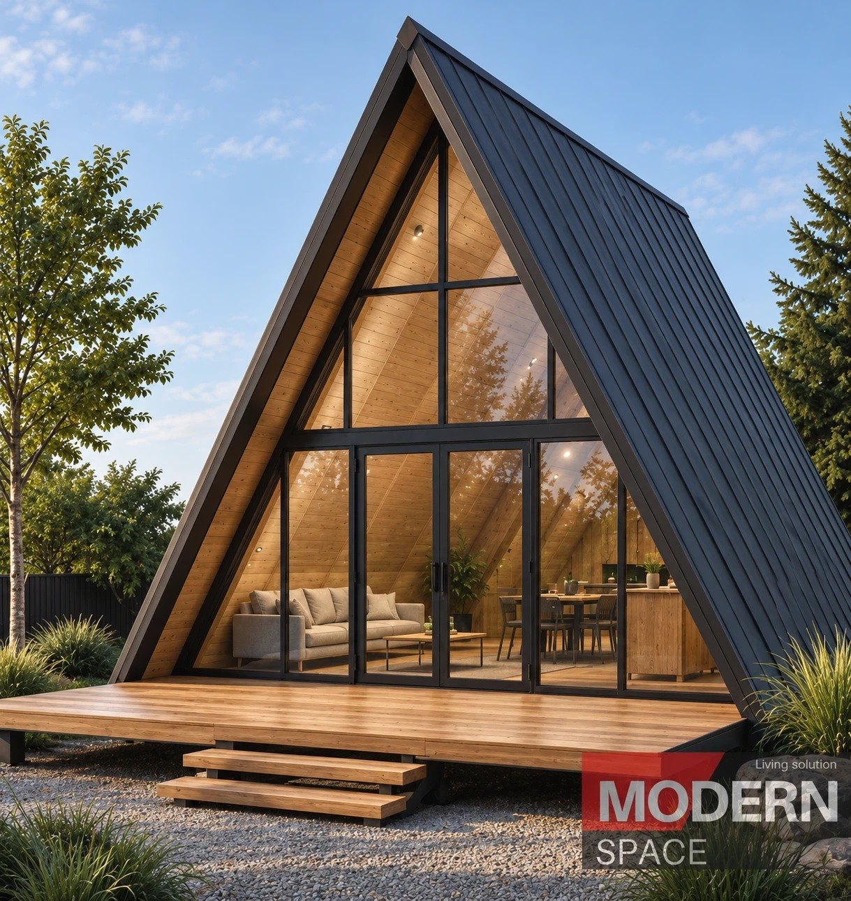 Black A-frame cabin with a glass gable and timber steps
