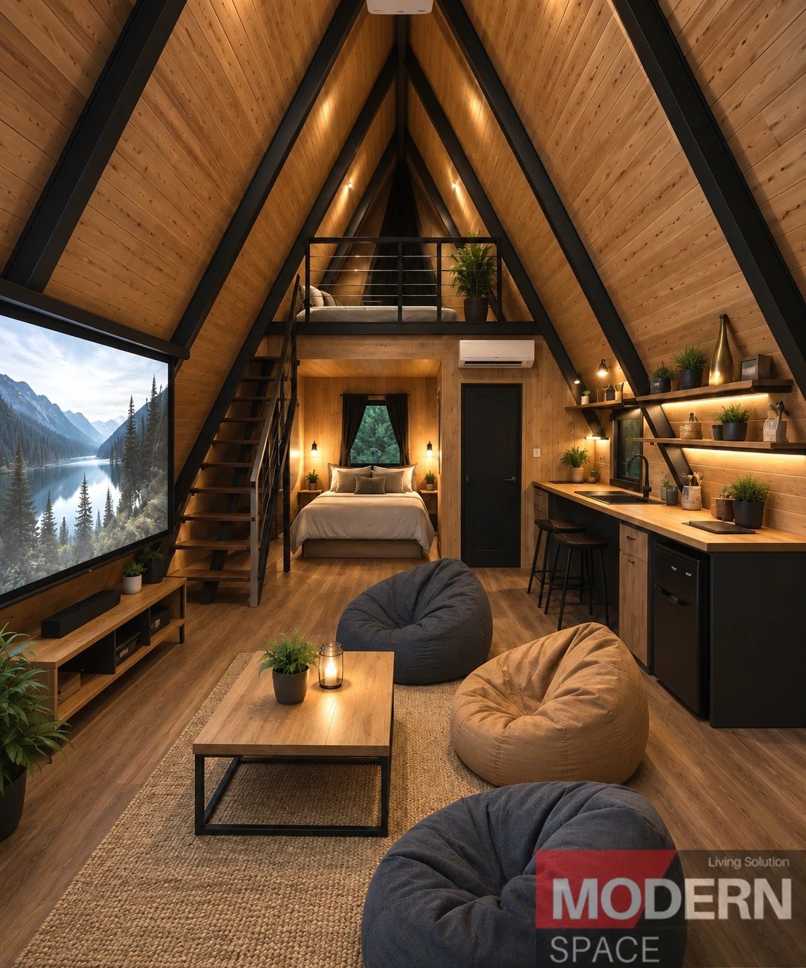 A-frame interior with a loft bed, kitchen and a large screen