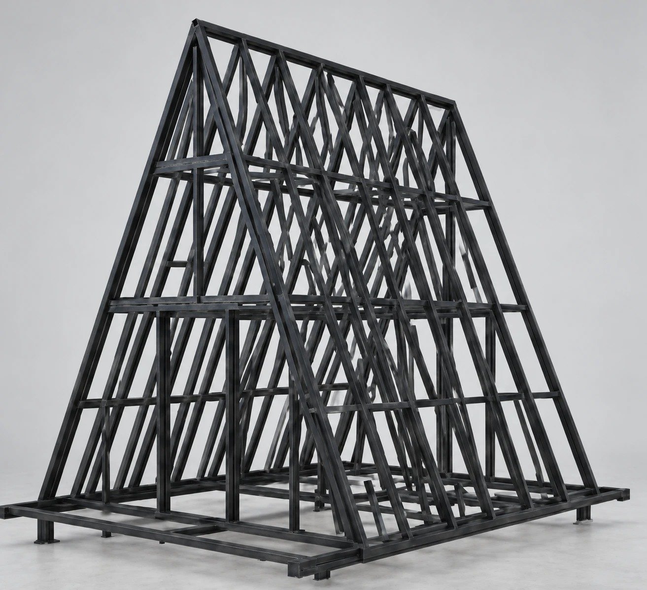 Black steel A-frame skeleton before cladding