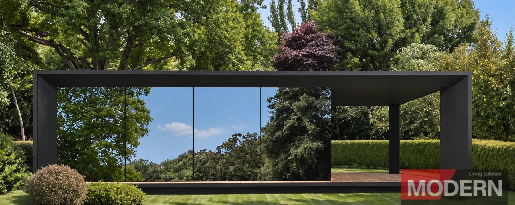 Mirror-glass garden pavilion with a black frame and timber deck