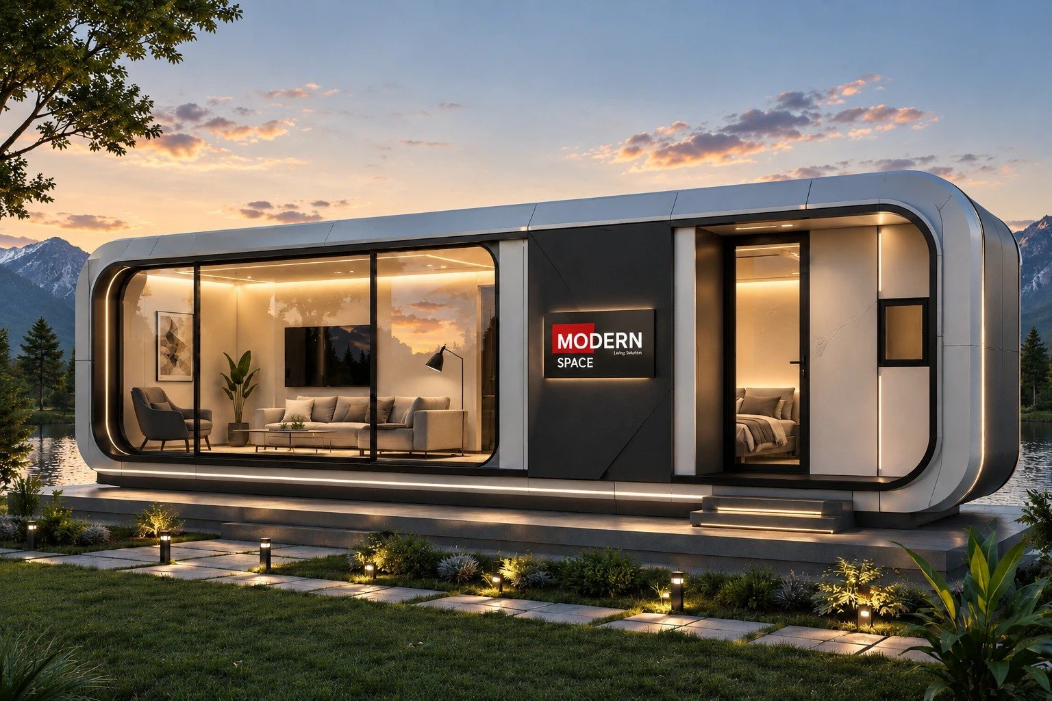 Capsule home with a curved silver shell, glass living room wall and a Modern Space sign, at dusk by a lake