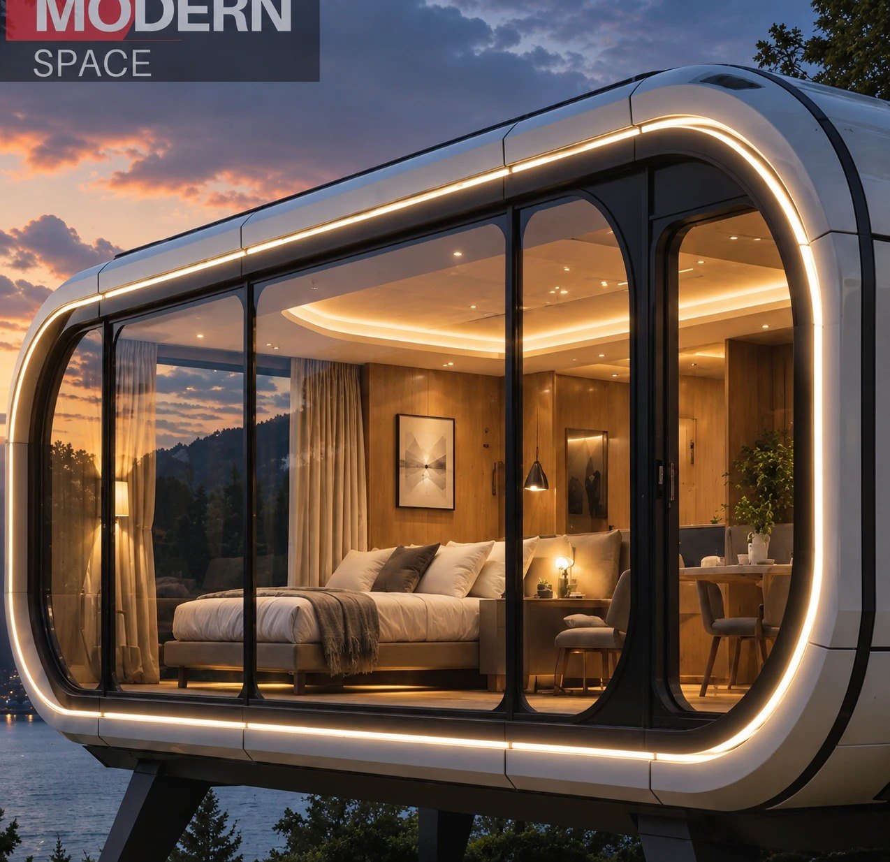 Capsule bedroom unit with a glowing light strip around the glass wall at dusk