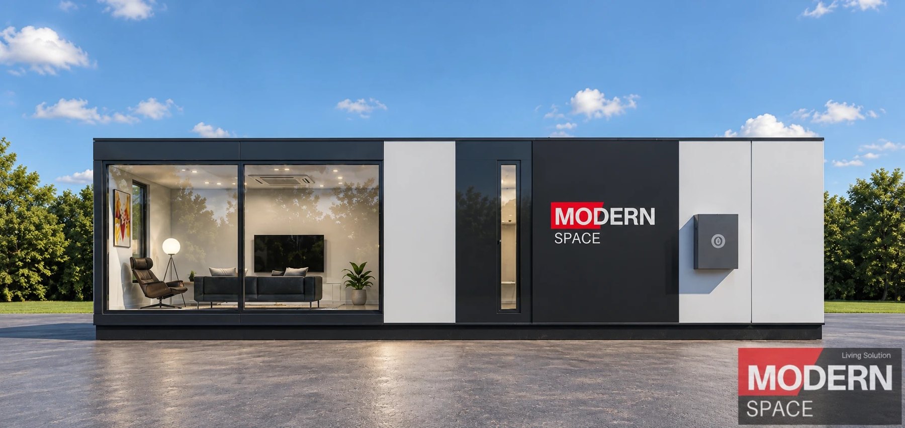 White capsule home with a glass living room wall and a Modern Space badge