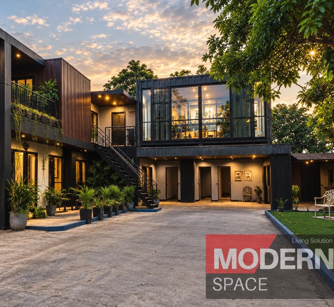 Two-storey container complex with a glass upper room, external stair and planted walkway at dusk