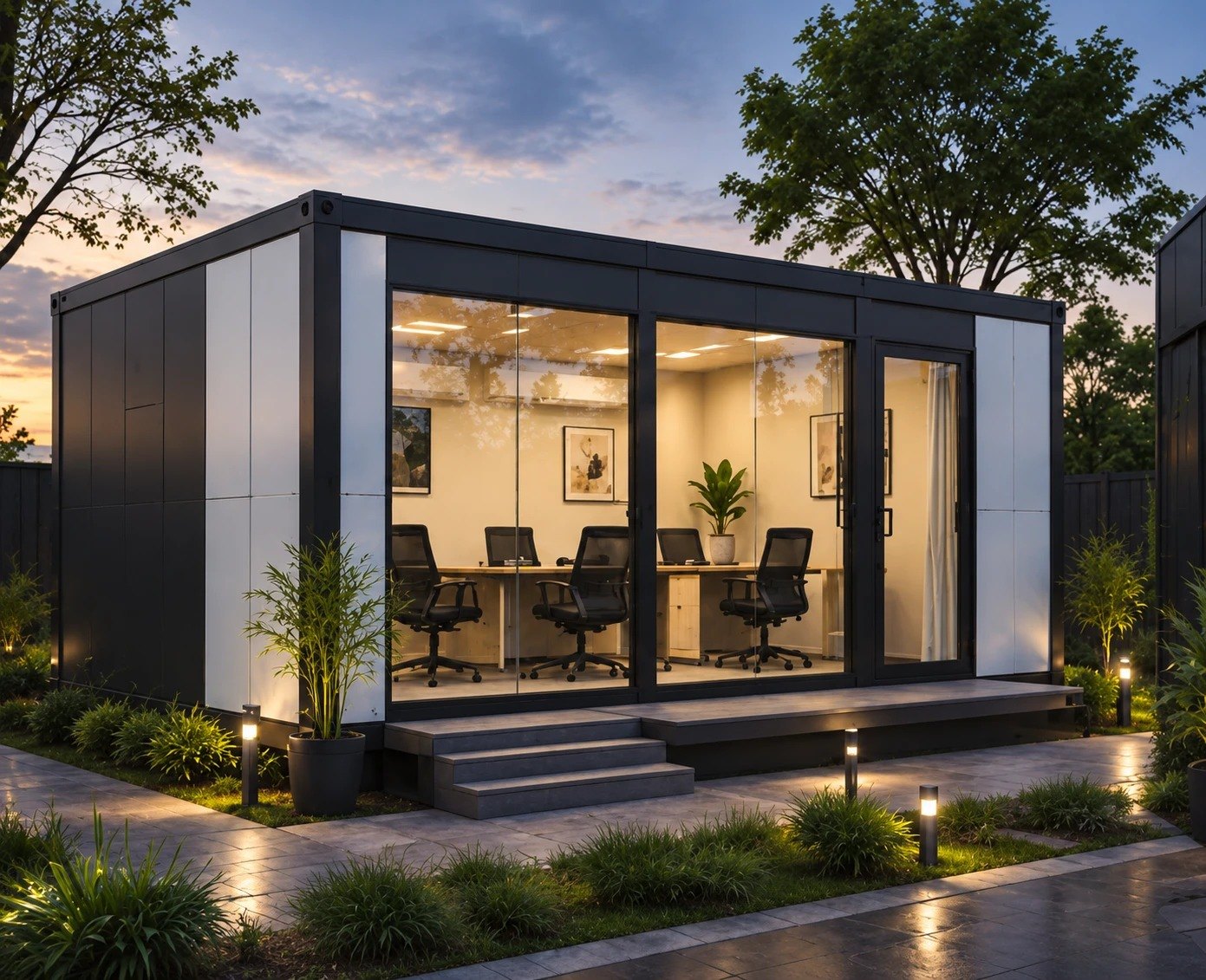 Modular office pod with a full glass front, desks inside and garden lighting at dusk