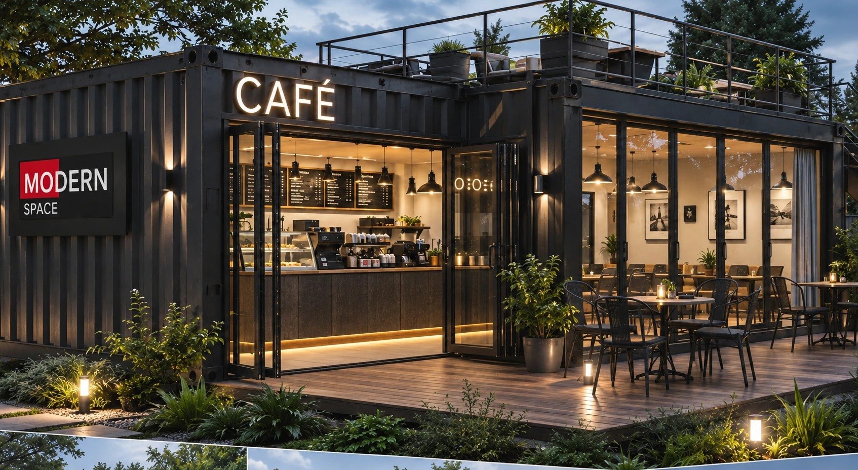 Black container café with a lit CAFÉ sign, open bifold front and rooftop terrace