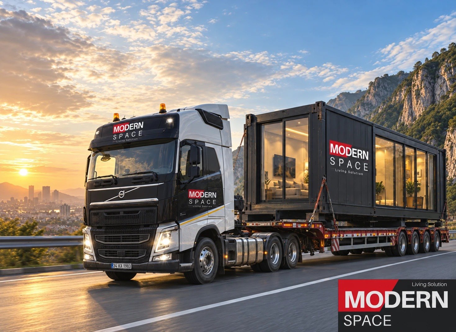 A Modern Space container unit on a flatbed truck at sunrise, branded tractor unit in front